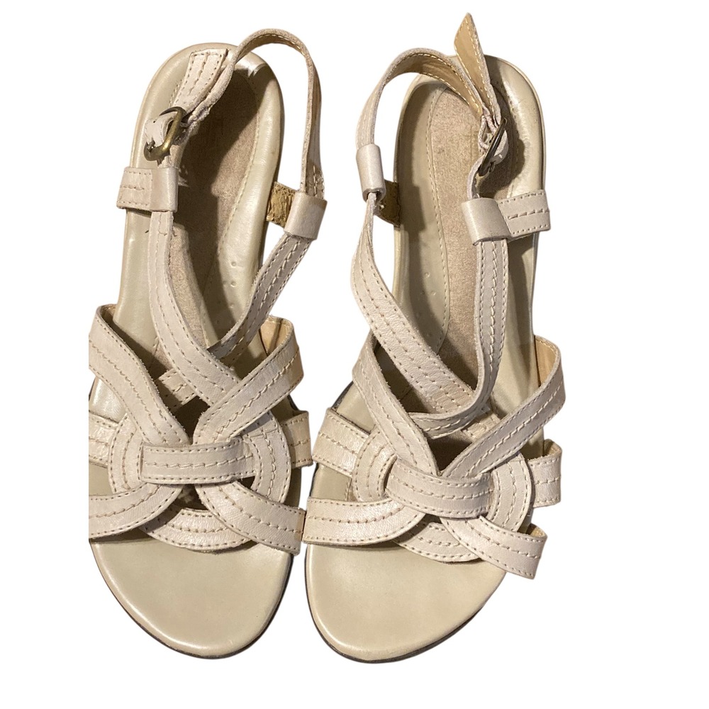 Beige Leather Strappy Caged Slingback Sandals Low Block Heel Buckle Closure